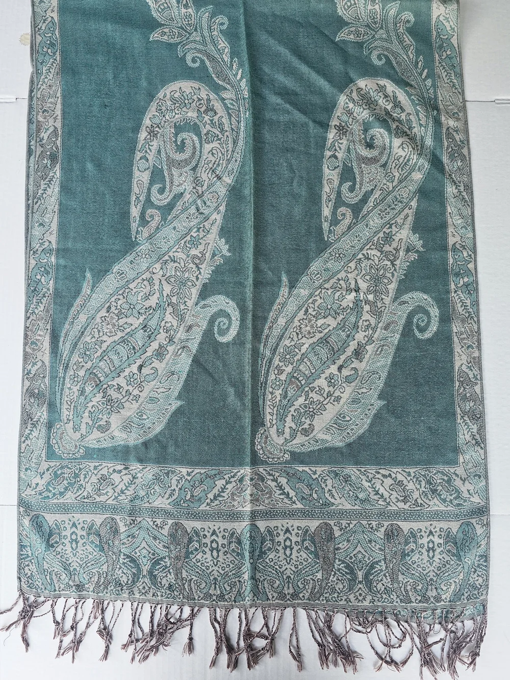 Teal Ivory Paisley Woven Fringe Rectangle Scarf Wrap Women Polyester Acrylic